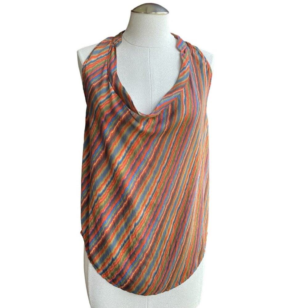 Women's Haute Hippie Multicolor Blouse Striped Tie Dye Silk Cowl Neck Top Small‎